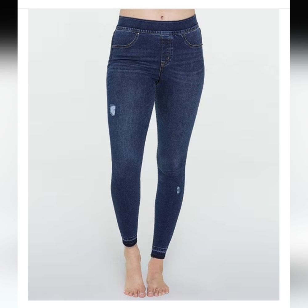 Spanx Distressed Denim High Rise Elastic Waist Jeggings Medium